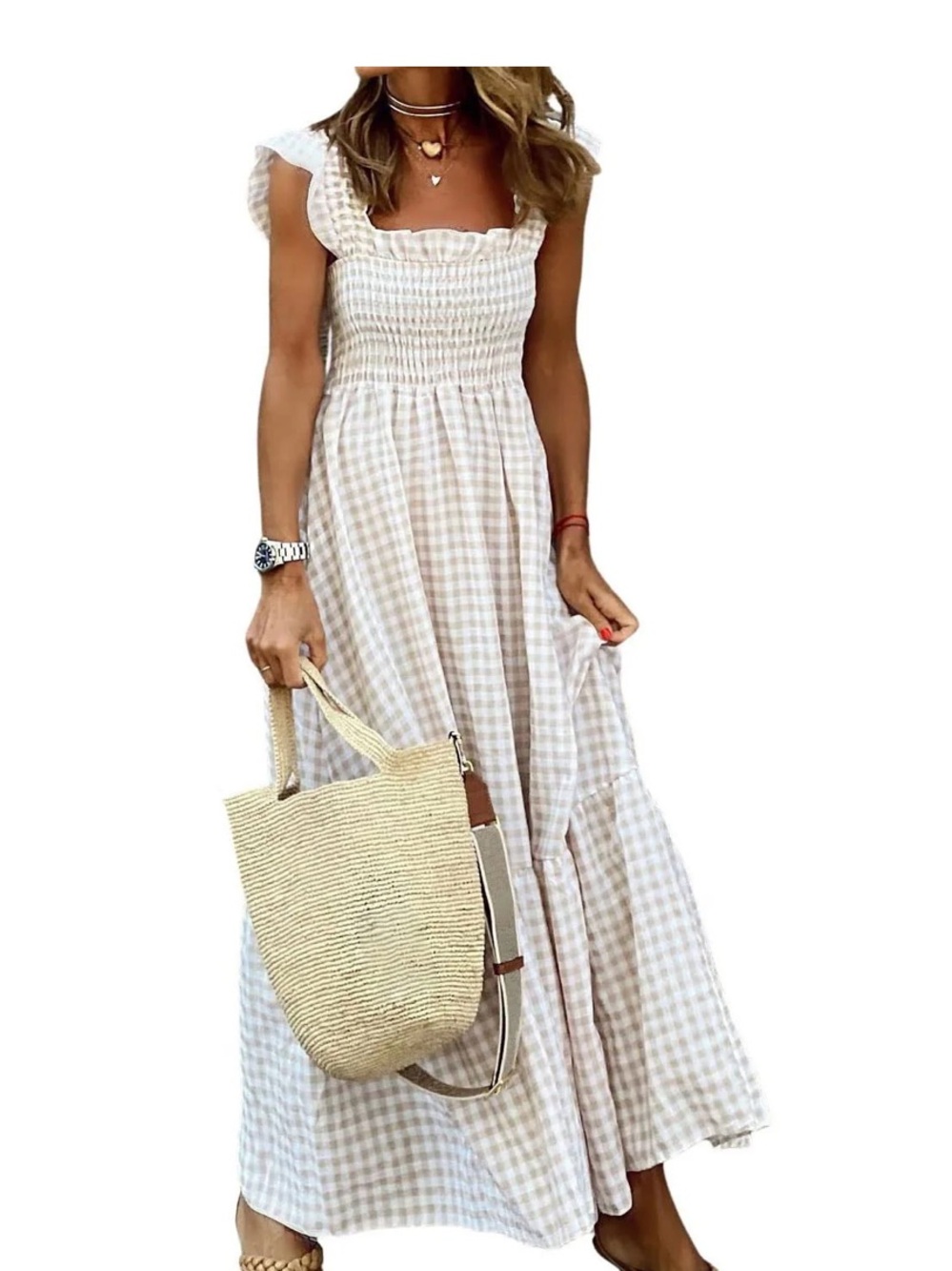 Chouyatou White Gingham Smocked Maxi Dress Cottagecore Prairie Sundress Sz